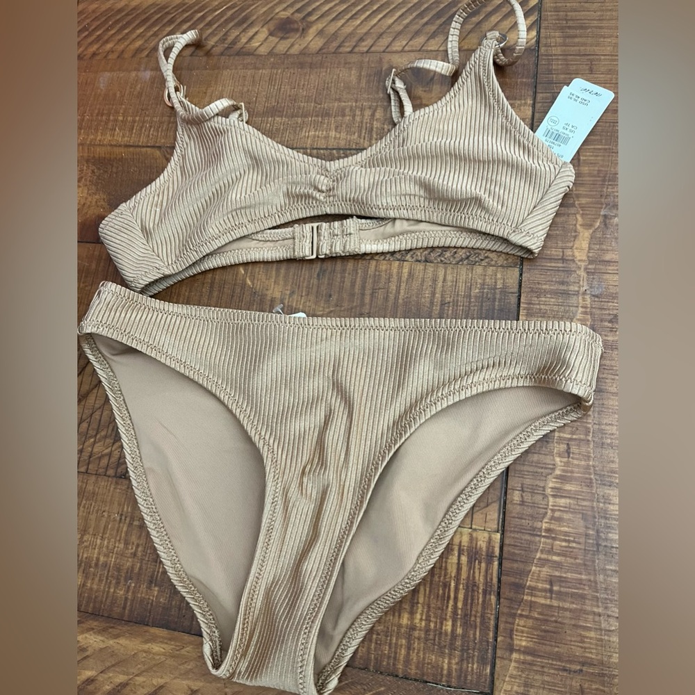 NWT Aerie FULL SET Beach Babe Shine Rib Voop Top + Full Coverage Bottom Tan - XS - Picture 2 of 4